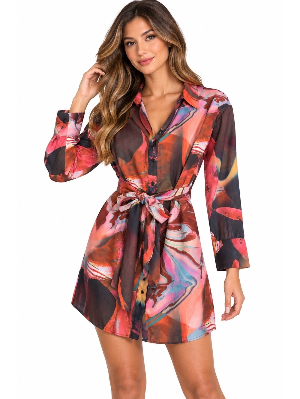 PrettyLittleThing Pink Abstract Print Woven Tie Waist Wide Sleeve Shirt Dress UK